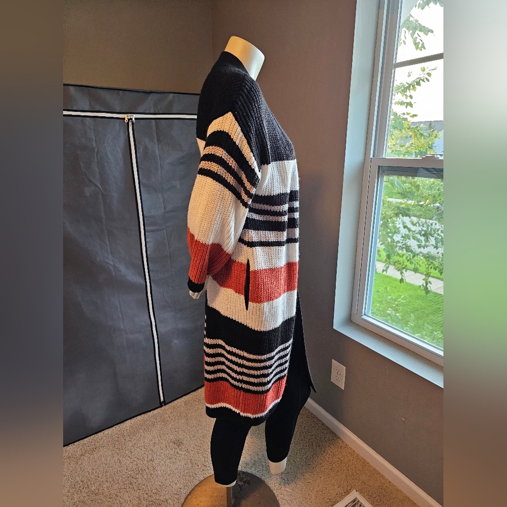 Long Pocket Cardigan, Black, White, Grey, Burnt Orange Lg. Striped